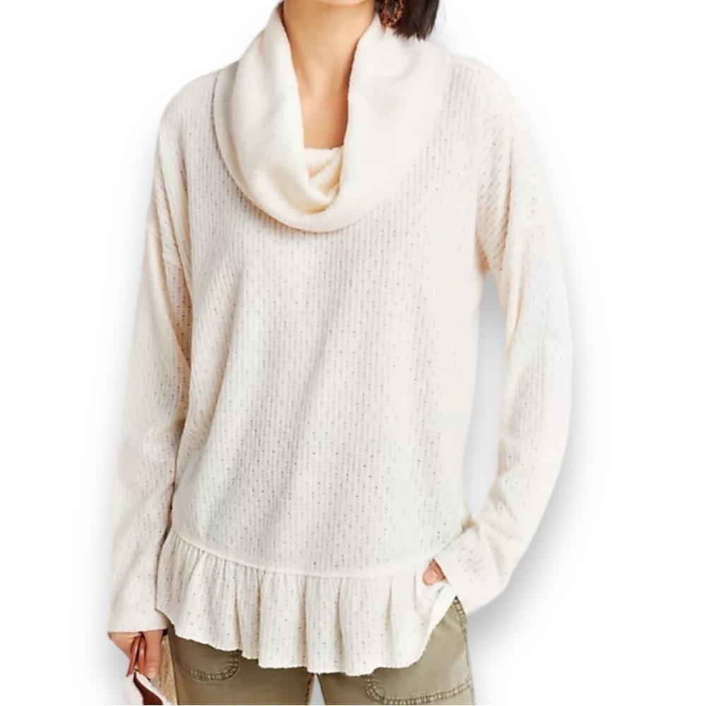 Anthropologie Maeve Sweater Cream Turtleneck Ruffle Baggy Longsleeve Size Small